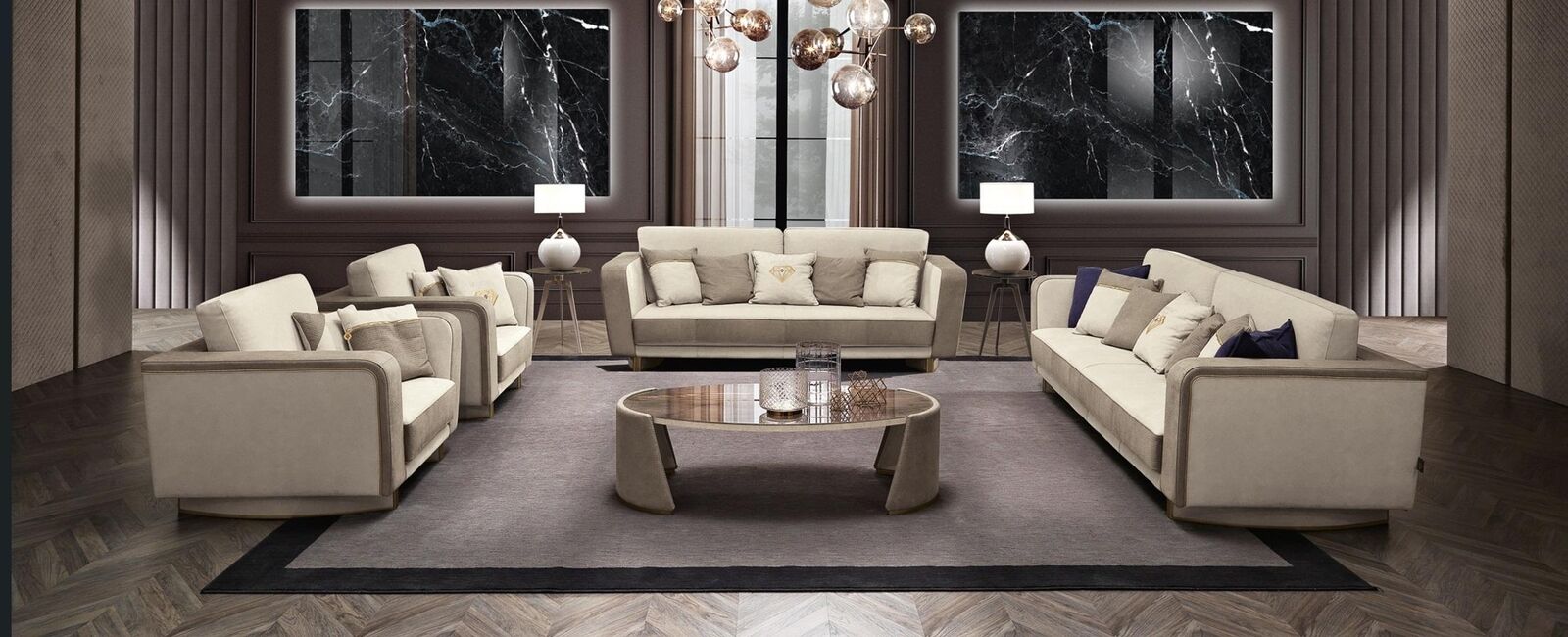 Luxus Möbel Sofagarnitur Couch Sofa Polster 3 3 1 1 Sitzer Couchtisch Holz 5tlg.