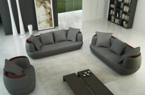 Sofagarnitur mit USB Luxus Designer Couch Polster 3+2+1 Leder Sofa Sitz Grau Neu