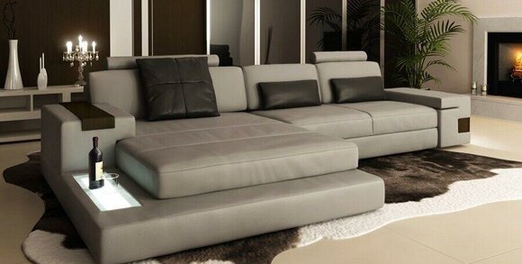 Ecksofa Stoff USB Polster Wohnlandschaft Eck Garnitur Ecke Leder Sofa Grau LForm