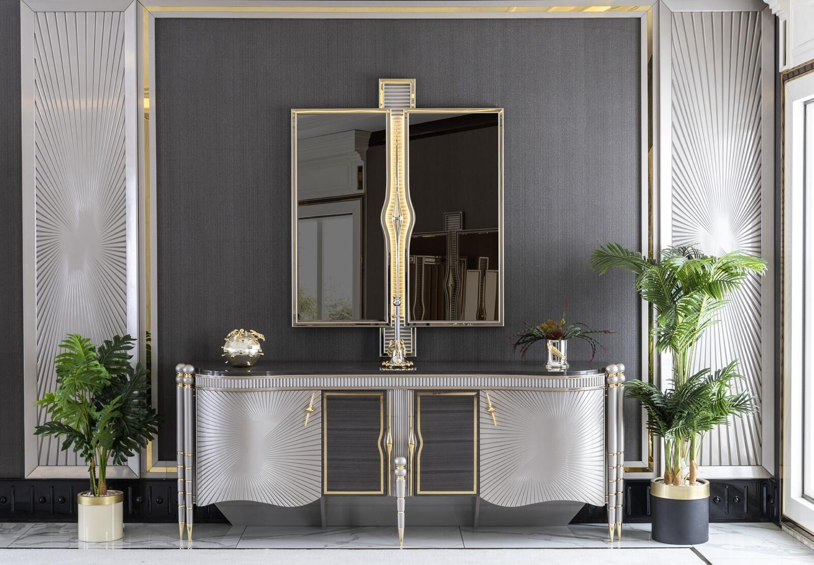 Esszimmer Set Grau Anrichte Schön Spiegel Luxus Design Elegantes Modern 2tlg.
