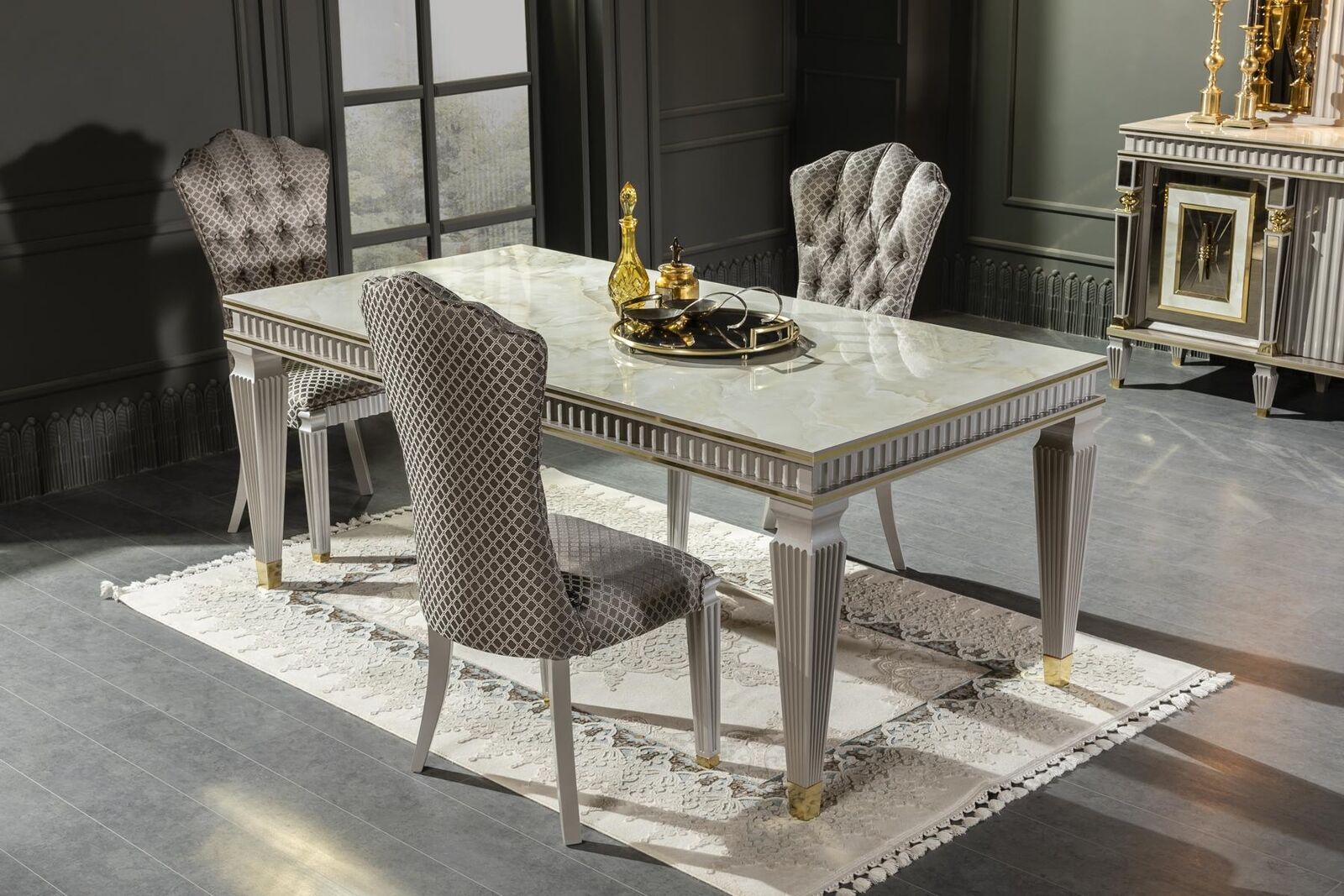 Esszimmer Set Weiß Esstisch Metall Luxus 4x Stühle Elegantes Design Neu 5tlg.