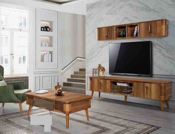 rtv tv Sideboard Leder Holz Tisch Fernseh Schrank Tisch Design Low 2tlg. Set Neu