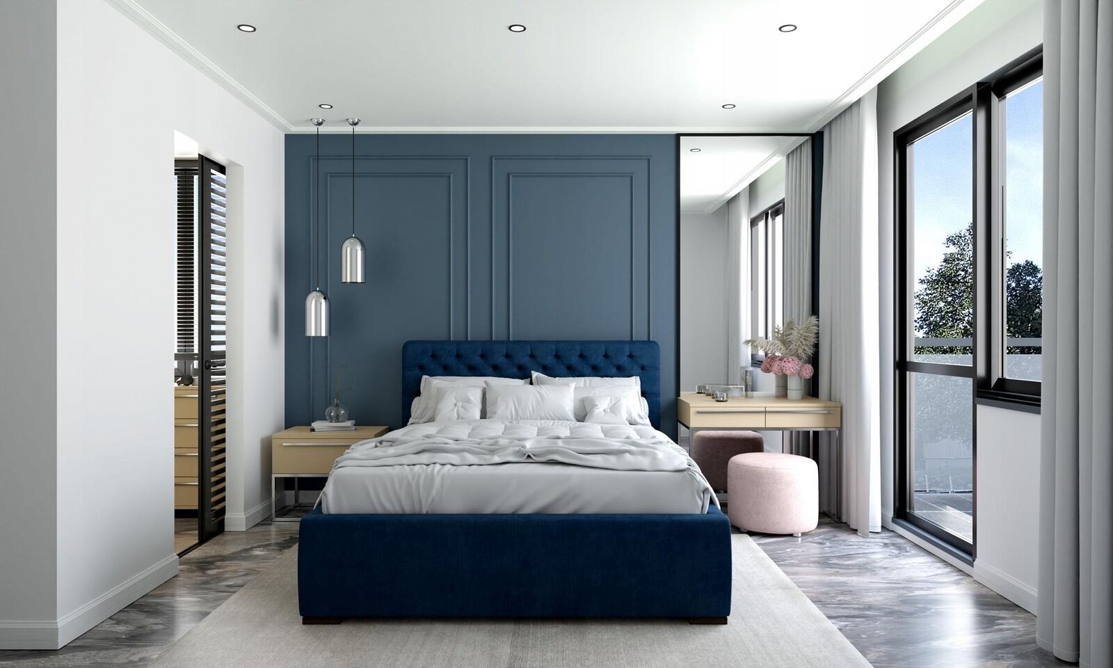 Bett Blau Modern Design Stoff Polster Schlafzimmer Doppelbett Holz Elegantes Neu
