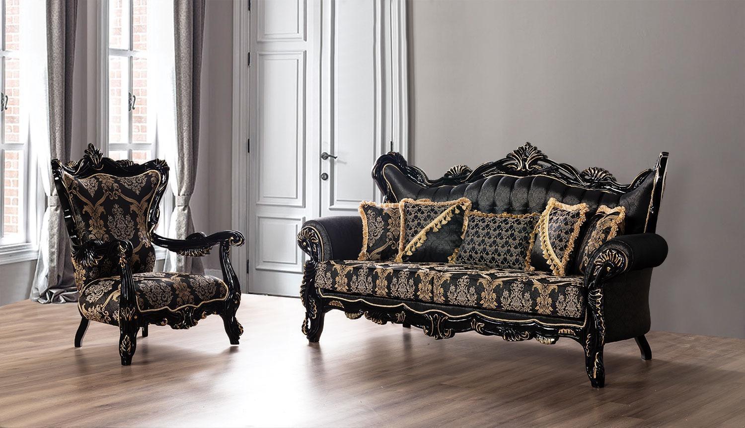 2tlg.Sofagarnitur für das Wohnzimmer 3+1Sitzeschwarzes Sofa und SesselGoldmuster