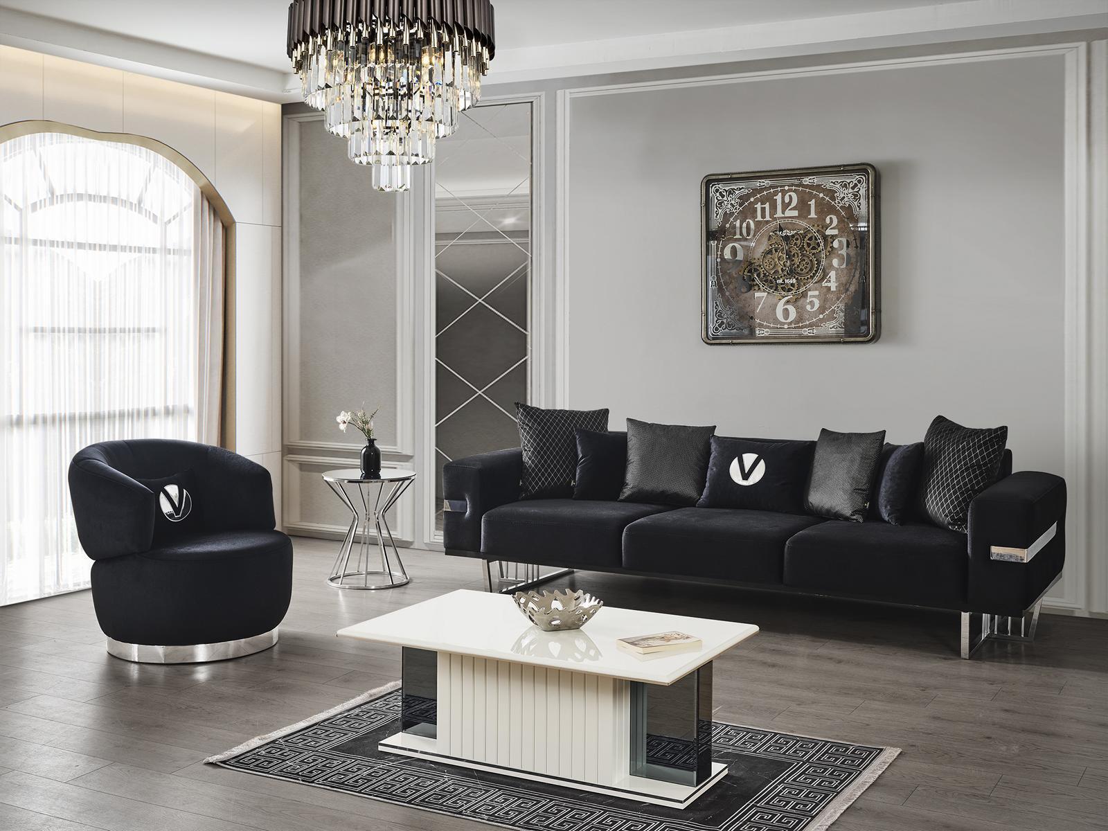 Modernes Wohnzimmer Set Schwarzes Sofa schwarzer Sessel Couchtisch