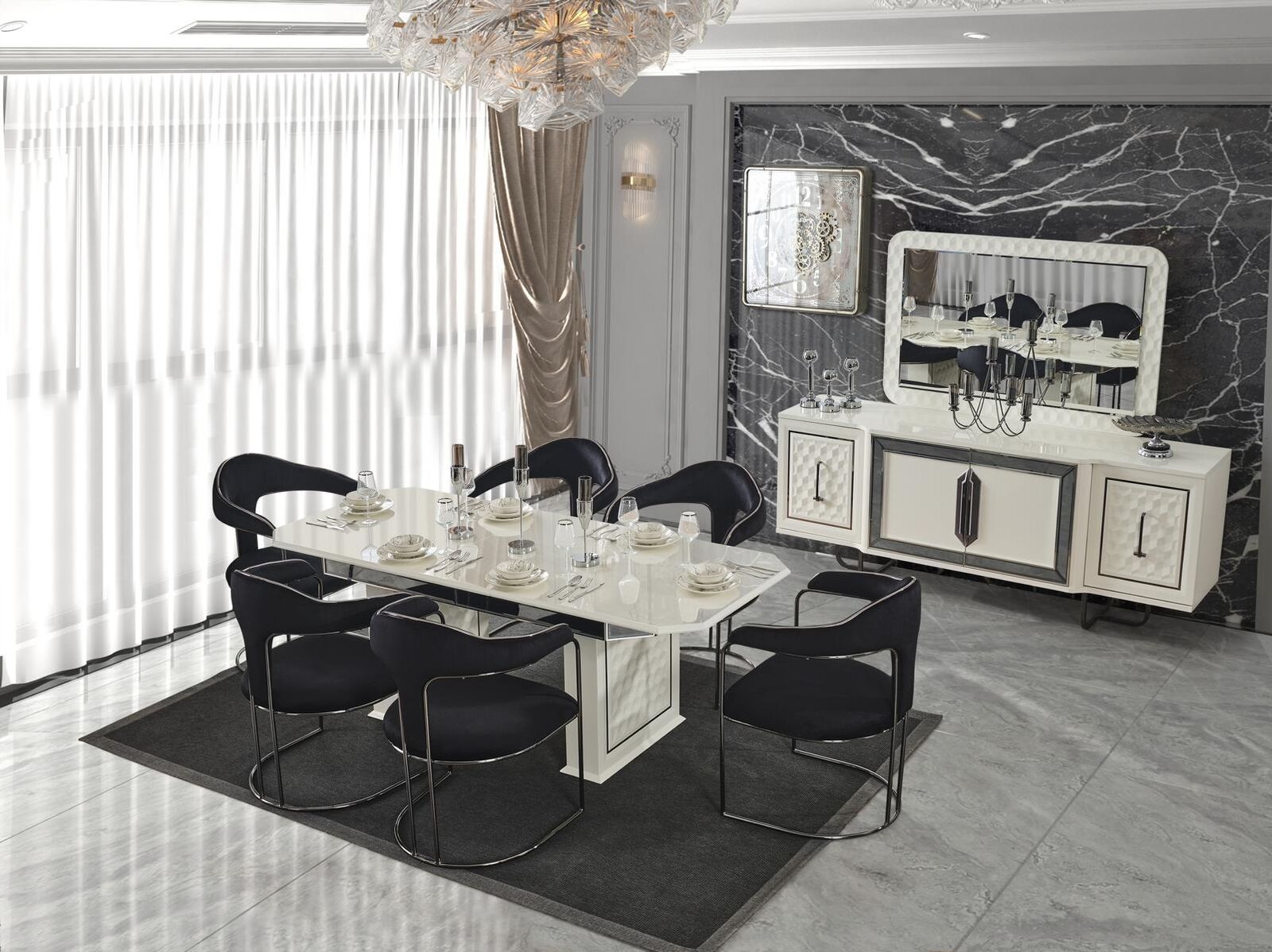 Modernes Esszimmer Set Weißer Esstisch 6 Stühle weiße Sideboard Spiegel
