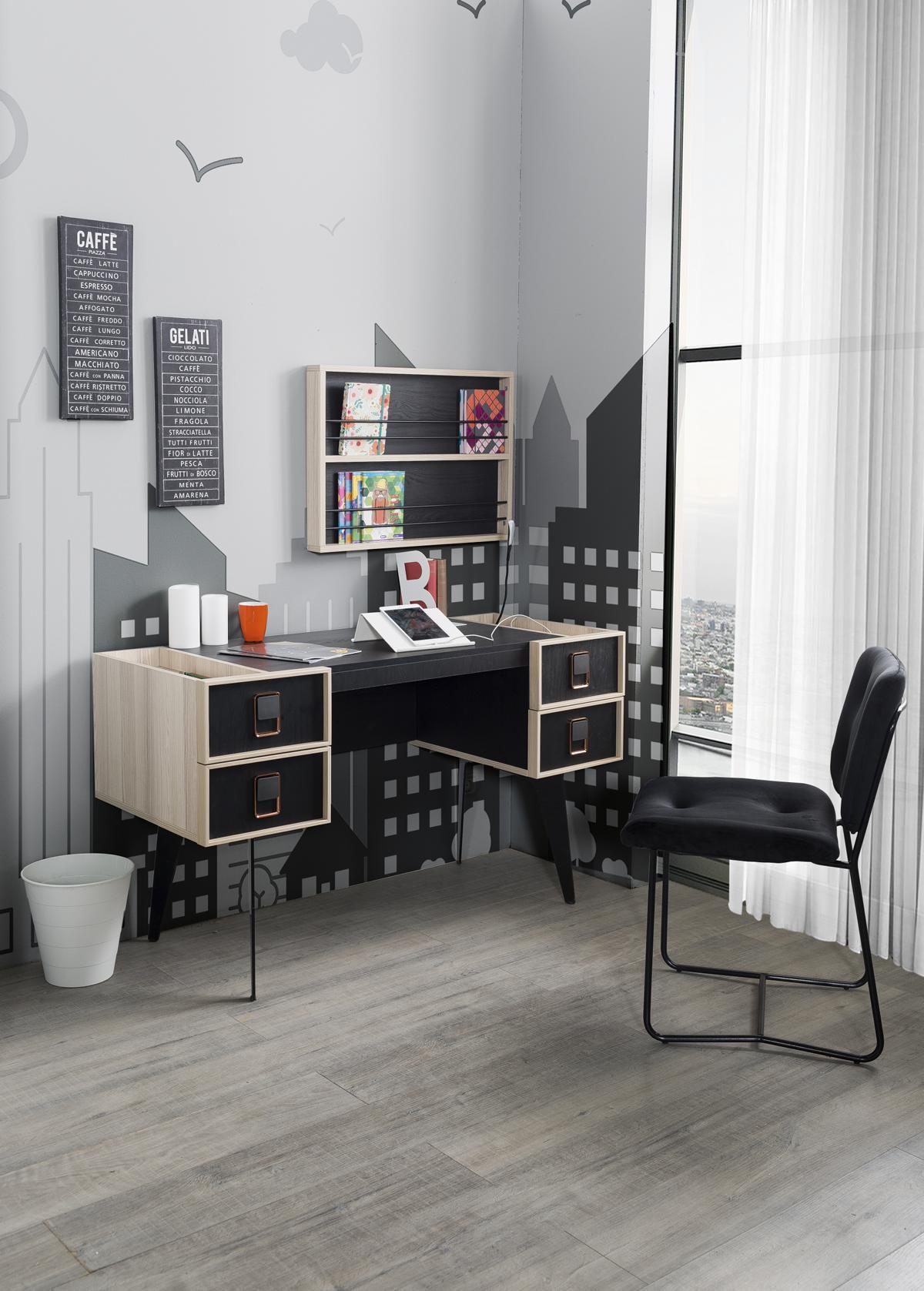 Moderner Schreibtisch Mit Jugendzimmer Wandregal Designer Möbel Schwarz Neu