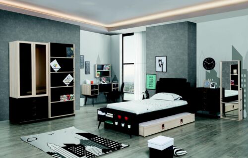 Modernes Jugendzimmer Set Bett Nachttisch Kleiderschrank Wandregal Schwarz 6tlg.