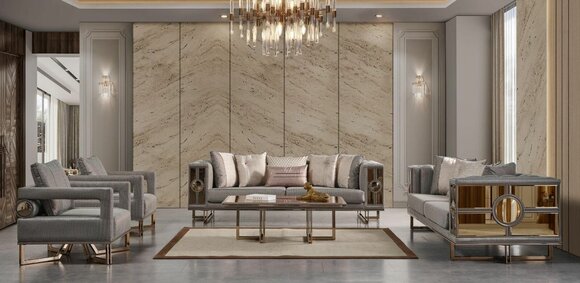 Moderne Couchgarnitur Garnitur Dreisitzer Sessel Sofa Grau Stoff 4tlg