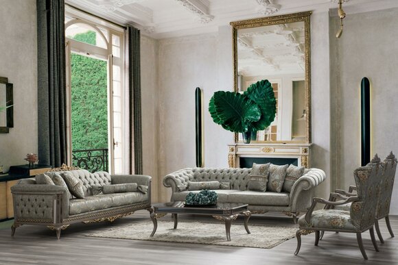 Chesterfield Sofagarnitur Dreisitzer Sessel Grau Stoff Stoffsofa 4tlg