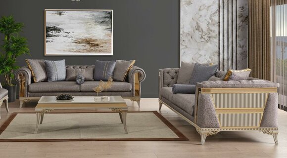 Druppe Dreisitzer Stoffsofa Grau Chesterfield Set 3tlg Sofa Couchtisch