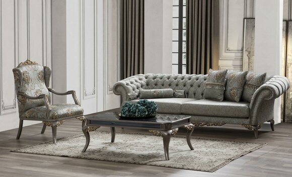 Gruppe Chesterfield Sofagarnitur Dreisitzer Sessel Grau Stoff Set 3tlg