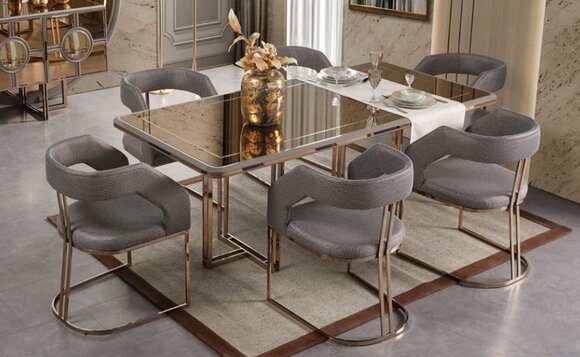 Essgarnitur Essgruppe Esszimmer Luxus Esstisch Stühle Gold Holz Set 7tlg
