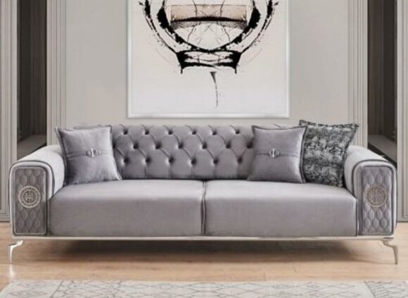 Dreisitzer Stoffsofa Chesterfield Couch Sofa Grau Stoff Polyester Neu