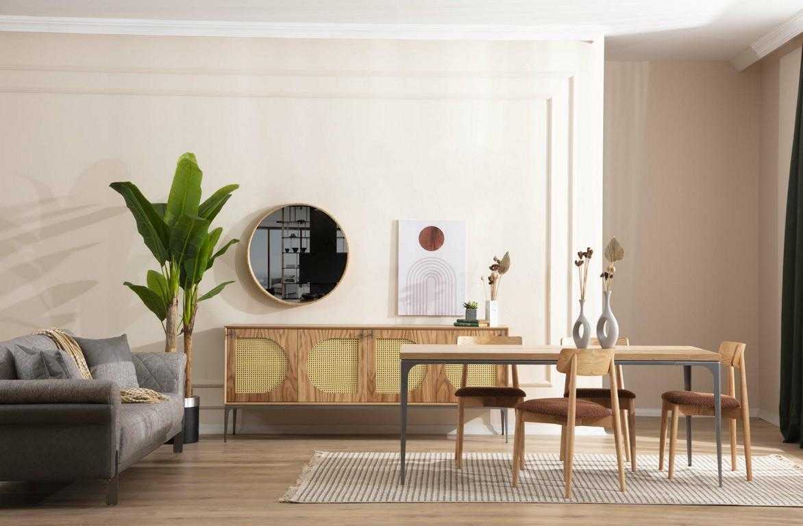 Esszimmer Set Holz Esstisch Garnitur Tisch Sideboard Spiegel 4x Stühle 7tlg.