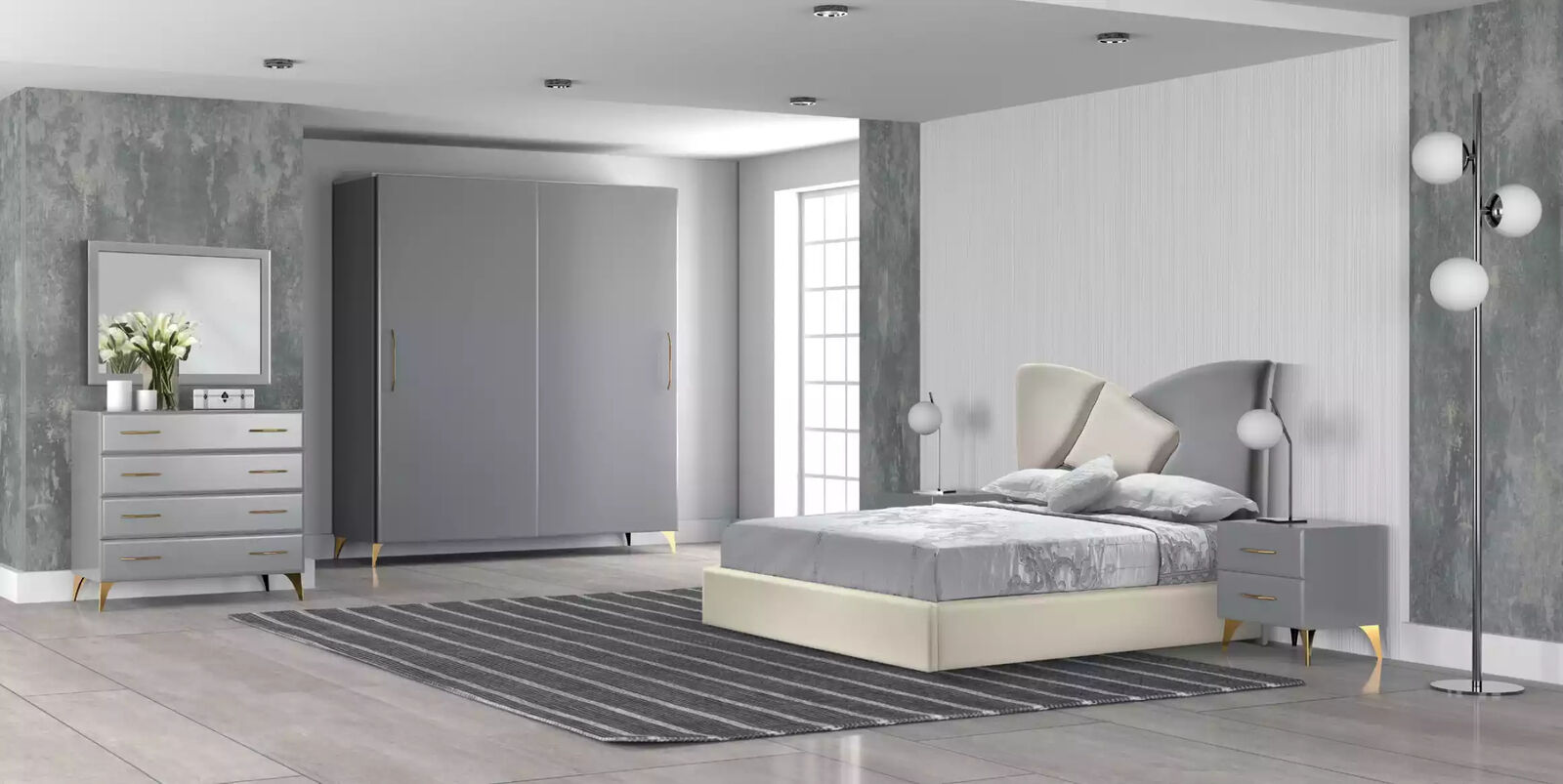 Bett Nachttisch Kleiderschrank Kommode 6 tlg.Design Schlafzimmer Set
