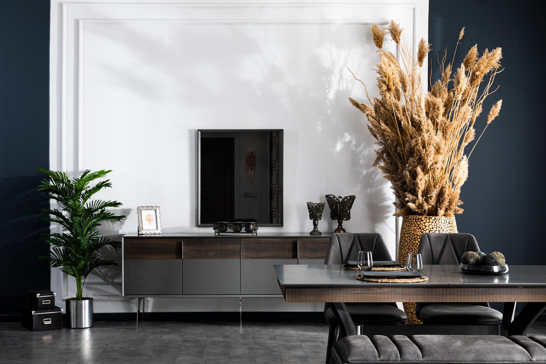 Set Kommode Spiegel Wohnzimmer Design Holz Neu Stil Modern Sideboard grau