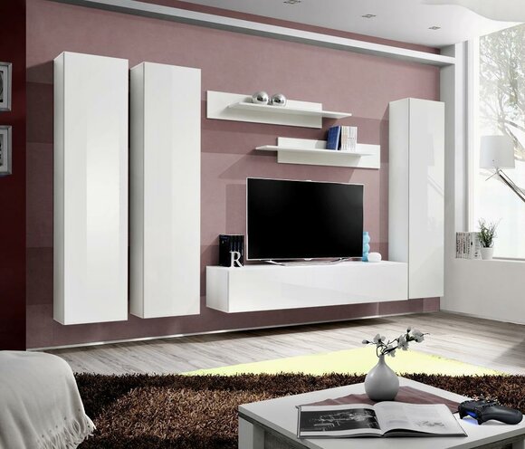 Komplette Set 6 tlg Weiß Wohnwand TV Ständer Wohnzimmer Einrichtung