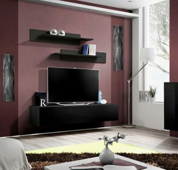 Wohnwand TV Ständer Wandregale Schwarz Lowboard Wohnzimmermöbel