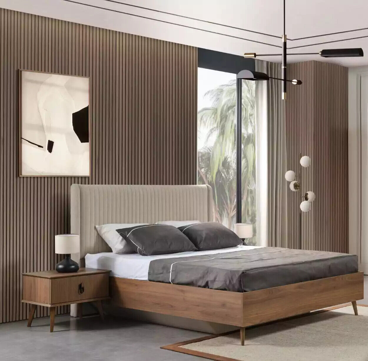 Bett 2x Nachttische 3tlg. Schlafzimmer Design Möbel Braun Holz Neu Set