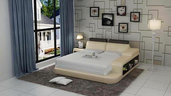 Design Polster Doppel Bett Moderne Betten Schlafzimmer mit USB & Regal 180x200cm