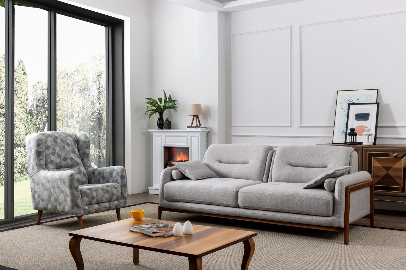 Set 2 tlg Wohnzimmer Sofagarnitur Dreisitzer Sofa Modern Sessel Textil
