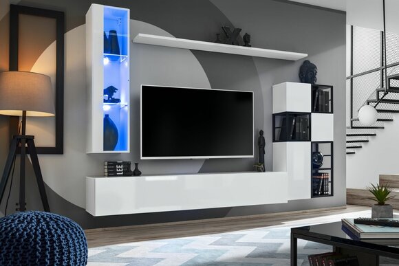 Hänge Vitrine Weiß Wohnwand Designer TV Ständer Komplett 9tlg Holzmöbel Regale