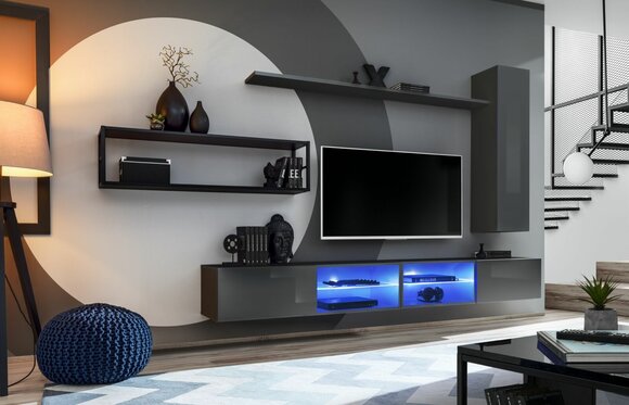 Grau Komplett Wohnwand Wohnzimmermöbel Luxus Wandschrank Wand Regale Neu