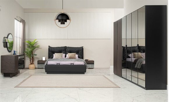 Doppelbett Garnitur Schlafzimmer Bett Nachttische Schwarz Set 6tlg