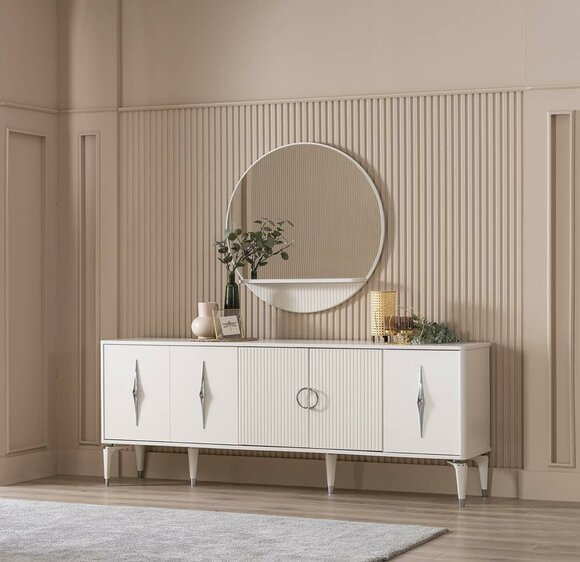 Sideboard Anrichte mit Spiegel Gruppe Kommode Holz Weiß Esszimmer