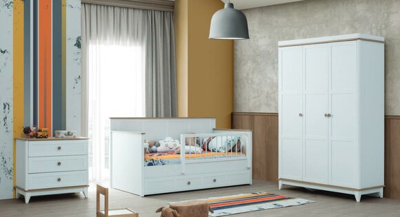 Kinderlaufstall Kinderbettchen Garnitur Bettchen Weiß Holz Set 3tlg