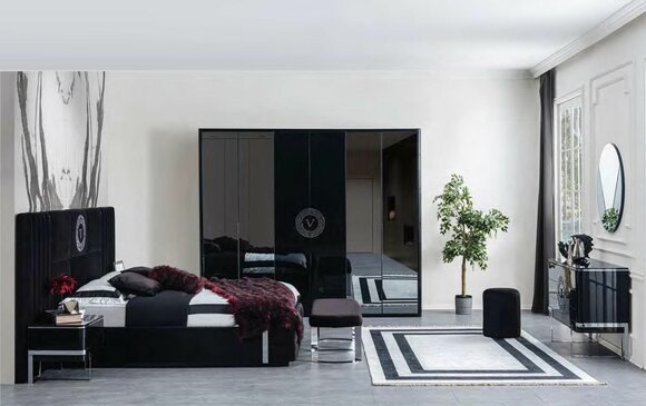 Großes Schwarzes Schlafzimmer Set Bett Nachttische Kleiderschrank 7tlg.