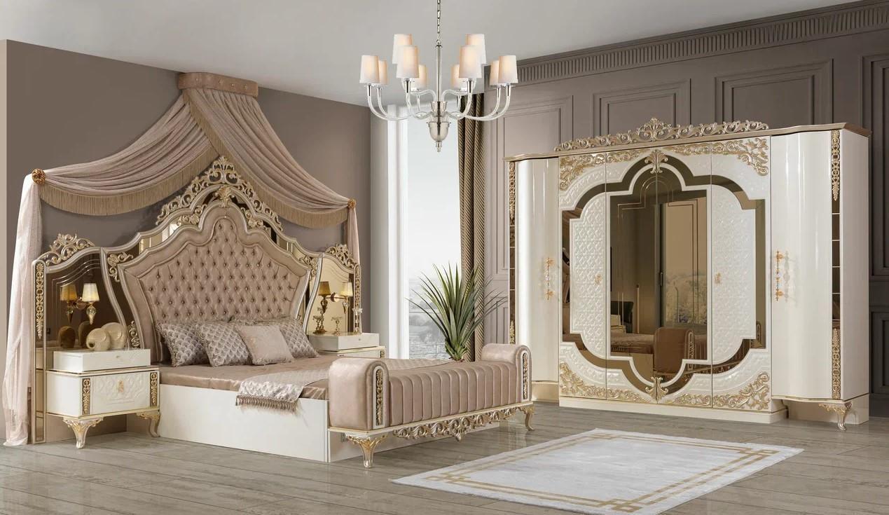 Schlafzimmer Set Bett 2x Nachttische Design Luxus 5tlg weiß