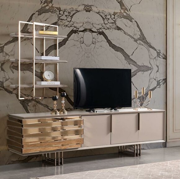 RTV Lowboard TV Ständer Sideboard Beige Gold Wohnzimmer Set Regale Neu