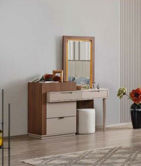 Beige-Braune Schlafzimmer Kommode Designer Schminktisch Mit Spiegel 2tlg
