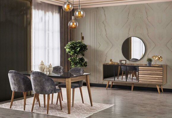 Komplette Braune Esszimmer Garnitur Esstisch 4x Stühle Sideboard 7tlg