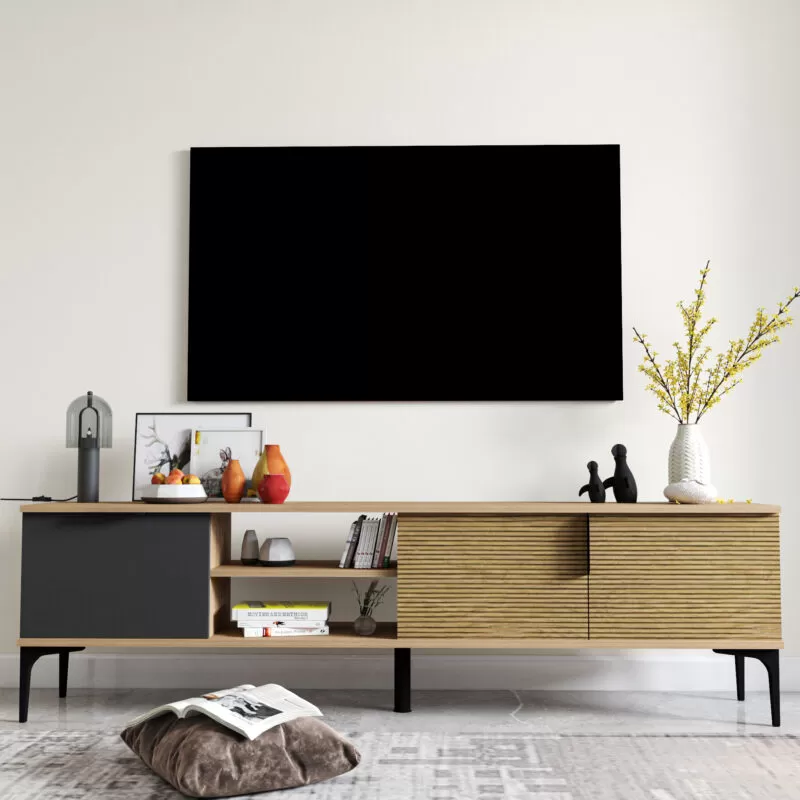 Braun-Grau RTV TV-Lowboard Schrank Modern Design Rechteckig Form Wohnzimmer