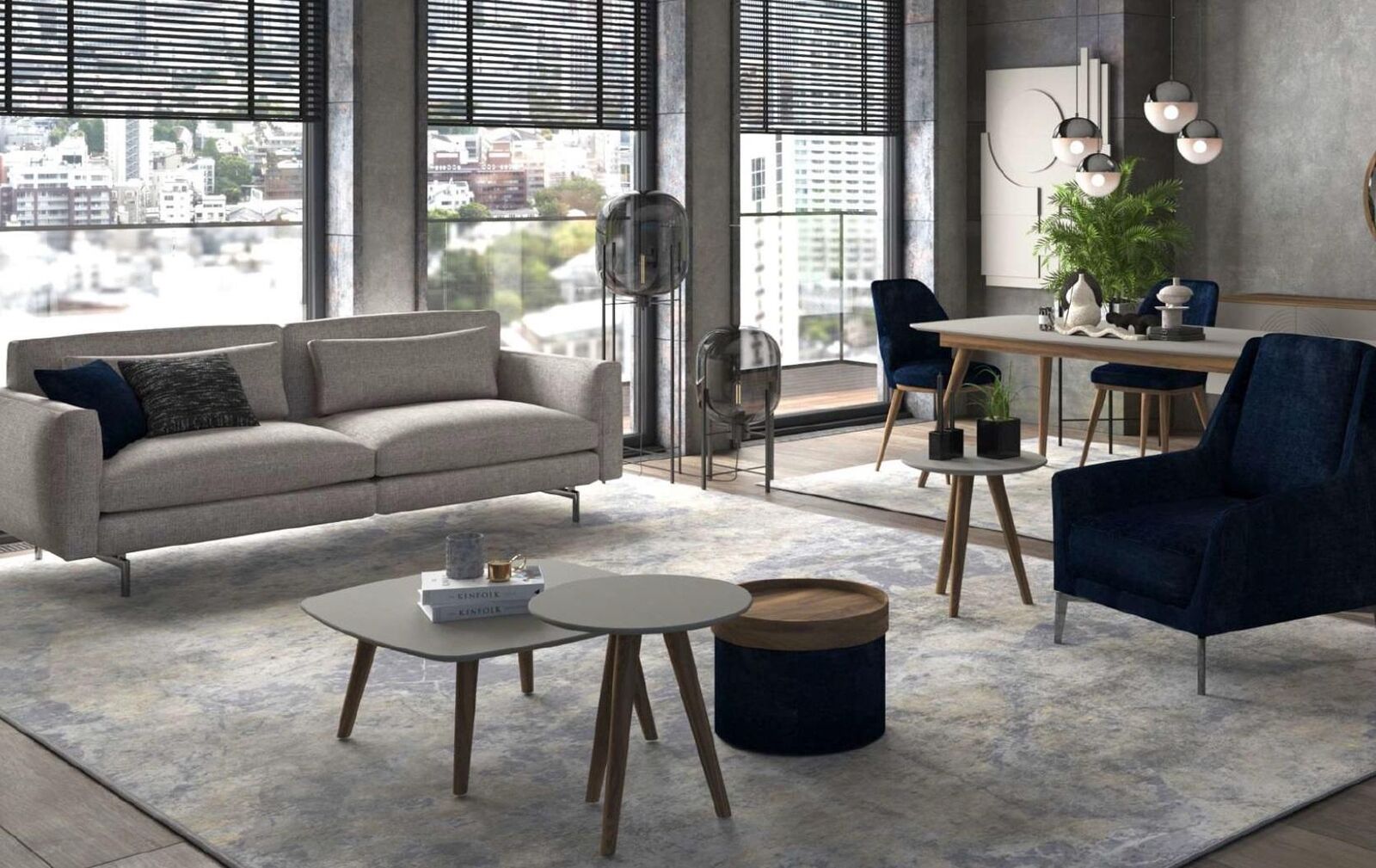 Modernes Wohnzimmerset Dreisitzer Sessel Couchtische Textilmöbel Neu
