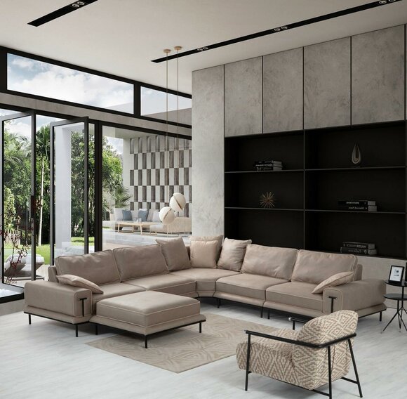 Moderne Beige Wohnzimmer L-Form Garnitur Hocker Ecksofa Polster Möbel
