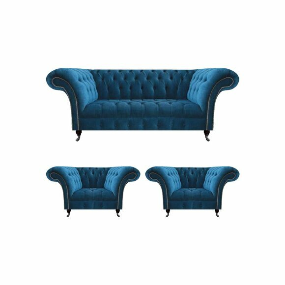 Designer Blaue Chesterfield Polstermöbel Wohnzimmer Couch 2x Sessel 3tlg