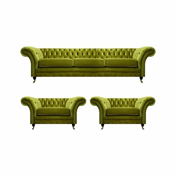 Olivengrüne Wohnzimmer Garnitur Chesterfield Polstercouch 2x Sessel 3tlg