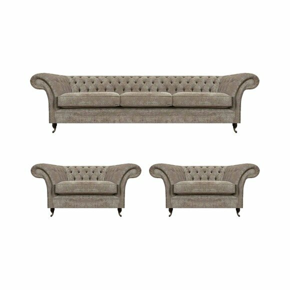 Graue Polster Chesterfield Garnitur Textilsofa 3-Sitzer 2 Einsitzer 3tlg