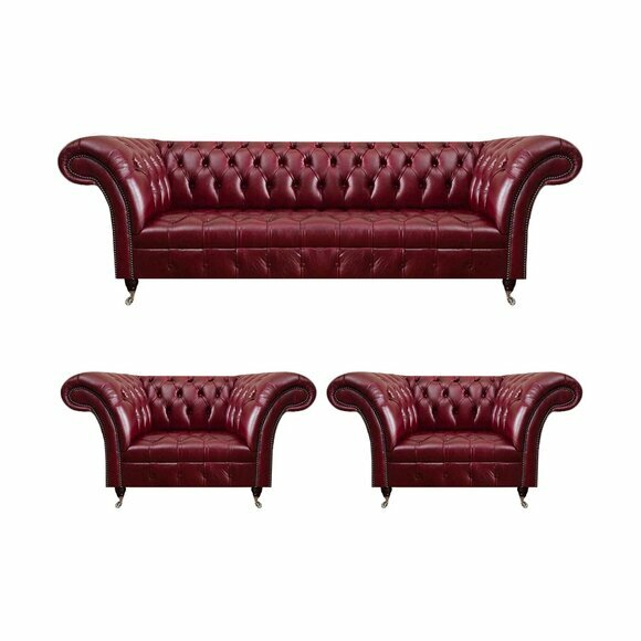 Rote Chesterfield Wohnzimmer Sofagarnitur Dreisitzer 2x Polstersessel