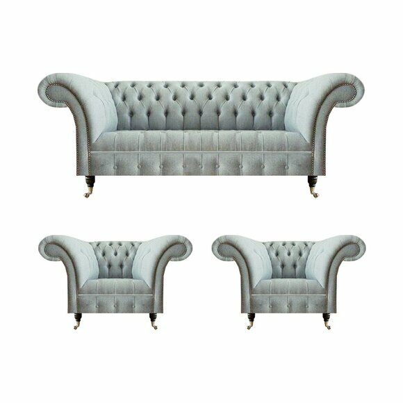 Hellgraue Wohnzimmer Chesterfield Garnitur Designer Sitzmöbel Sessel