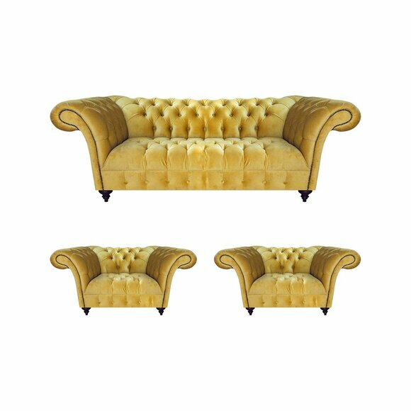 Stilvolle Gelbe Chesterfield Garnitur Designer Sofas 2x Luxus Sessel 3tlg