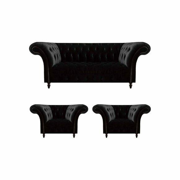 Schwarze Wohnzimmer Chesterfield Garnitur Designer Dreisitzer Sessel