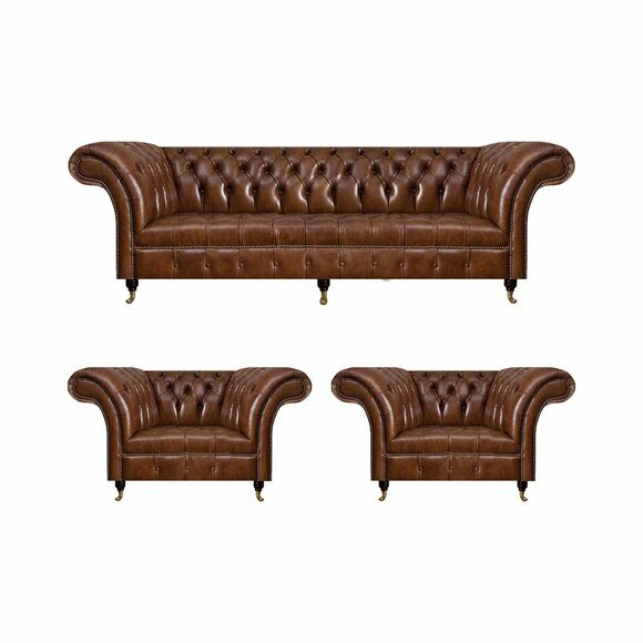Braune Chesterfield Ledercouch Designer Ledersessel 3tlg Wohnzimmer Set