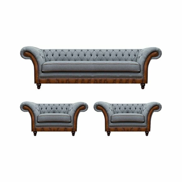 Chesterfield Grau-Braune Sofagarnitur Designer 2x Sessel Edler Dreisitzer