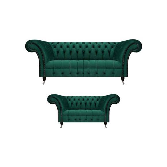 Dunkelgrüne Chesterfield Sofas Komplette Wohnzimmer Couch Garnitur 2tlg