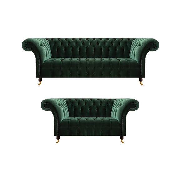 Dunkelgrüne Chesterfield Sofas Moderner Dreisitzer Polster Couch 2tlg